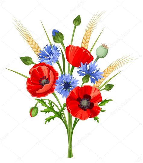Les fleurs feront partie intégrante de la réussite de votre mariage et de sa beauté. Bouquet de fleurs de pavot et de bleuets. Illustration ...