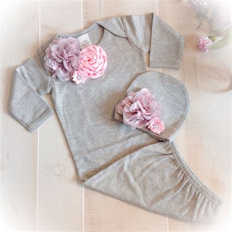 newborn girl take home outfit pink gray layette gown cap with