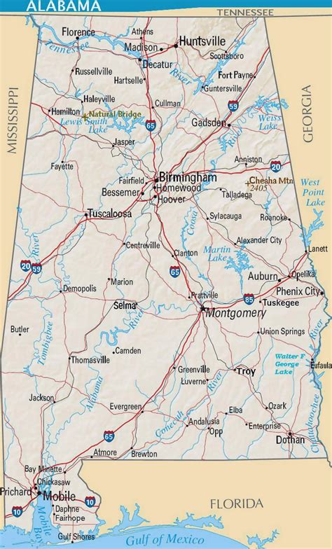 Detailed Road Map Of Alabama State With Relief And Cities Alabama