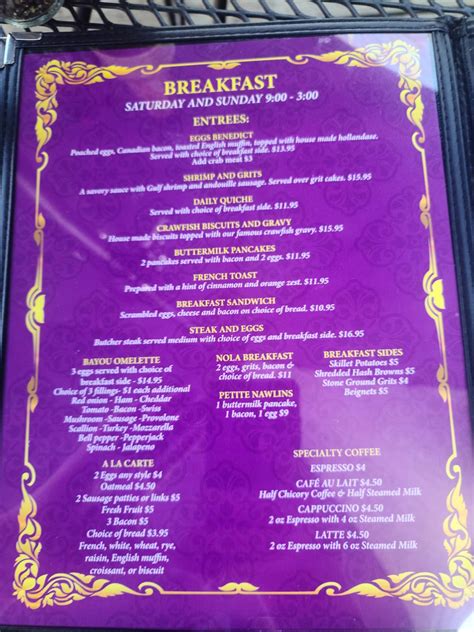 Menu at Wegman's Bayou Louisiana Kitchen restaurant, Roswell