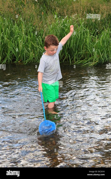 Young Boy Wading In A River Trying To Catch Fish With A Fishing Net Uk