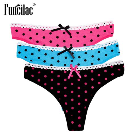 Funcilac Women Sexy G String Cartoon Kitty Thong Dot Bow Ladies Briefs Print Cotton Panties Lace