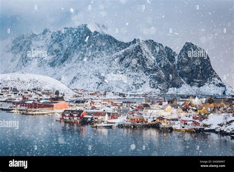 Reine Lofoten Islands Norway Snowing Landscape Stock Photo Alamy