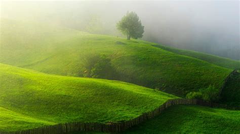 Wallpaper 1920x1080 Px Fence Field Grass Hills Landscape Mist