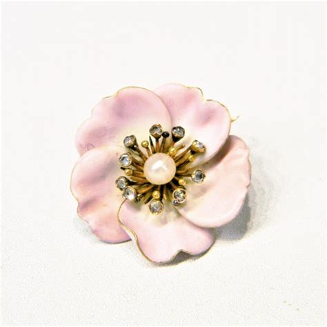Antique Enamel On Gold Pearl And Diamond Rose Brooch Db Gems