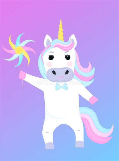 Funny Unicorn Met Windmolenspeelgoed Cartoon Vector Illustratie