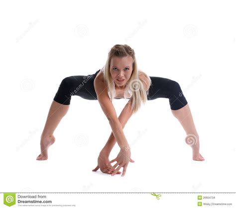 Young Blond Woman Stand In Spider Yoga Pose Stock Images