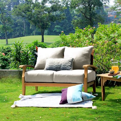 Caterina Teak Wood Outdoor Loveseat With Beige Cushion Patio