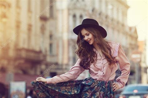 Outdoor Portrait Of Young Beautiful Happy Lady Posing On Street Model