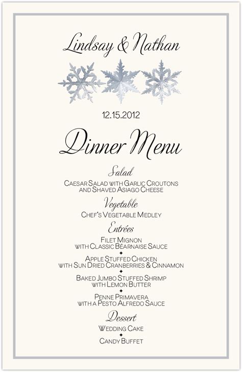 Snowflake Winter Wedding Menu Cards With Snowflake Designs And Holiday