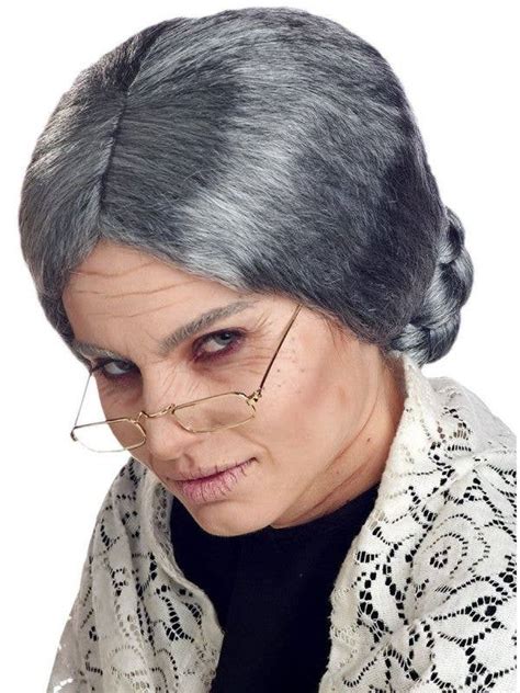 womens grey grandma wig old lady costume wig grey wig with bun