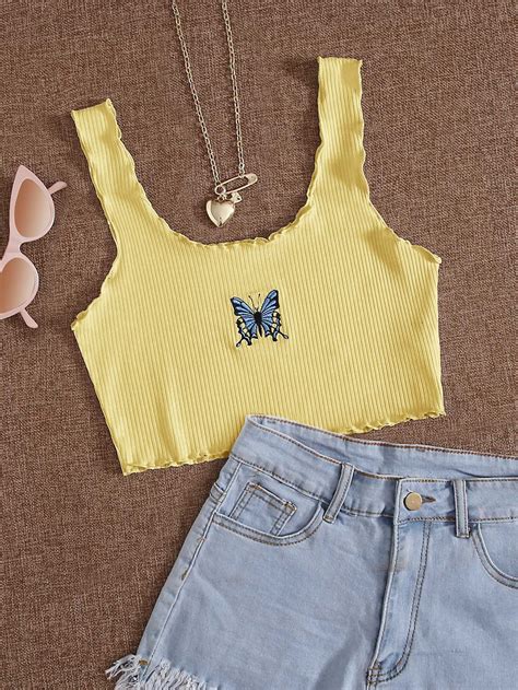 Butterfly Embroidered Rib Knit Lettuce Trim Tank Top Shein Usa
