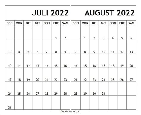 Kalender Juli August 2022 Kostenlos Leerer Druckbarer Kalender