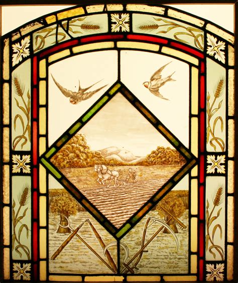 Ref Vic510 Antique Victorian Stained Glass Window Plowing