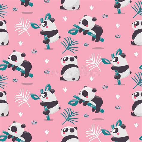Cute Seamless Pattern With Panda Bears On Bamboo Branches Leaves And