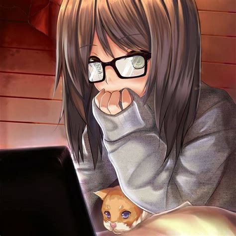 Anime Girl Brown Hair Brown Eyes Gray Dress Eye Glasses Cat Laptop Long Hair Women A