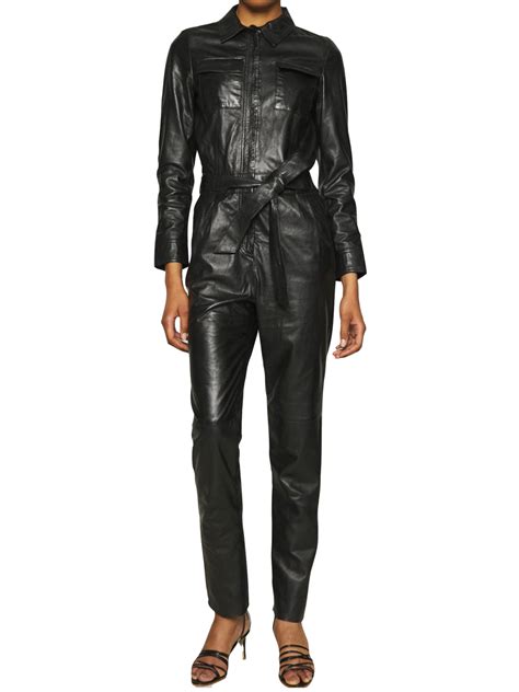 Women Trendsetting Real Lambskin Black Leather Jumpsuit