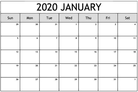 Blank Calendar January 2020 Printable Fillable Template Notes Blank Images