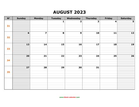 Free Download Printable August 2023 Calendar Large Box Grid Space For