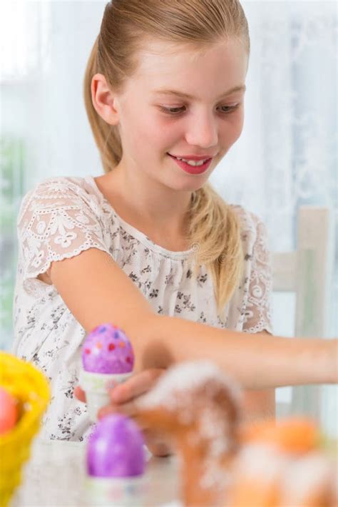 Girl Is Coloring Easter Eggs By Painting On Them Stock Image Image Of