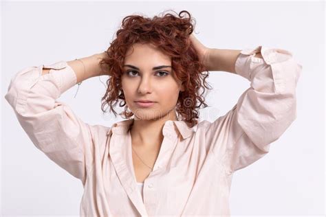 The Girl Corrects Her Curly Hair With Two Hands European Stock Image Image Of Flawless