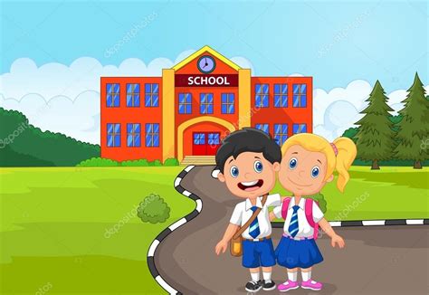 Two Happy Students Cartoon Standing In Front Of School Building Stock