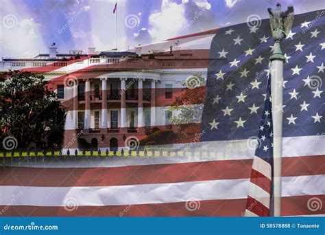The White House And The American Flag, Both USA Symbols. Stock Photo