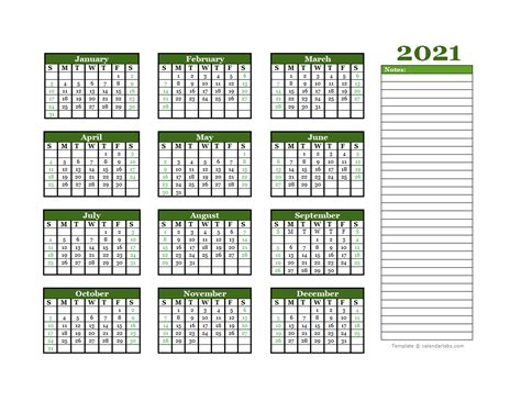 2021 Yearly Calendar With Blank Notes Free Printable Templates