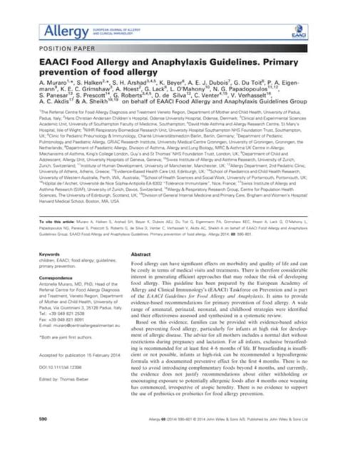 Eaaci Food Allergy And Anaphylaxis Guidelines Primary Pdf