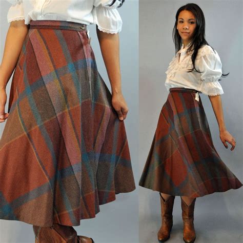 S Vintage High Waisted Skirt Earthy Tartan Plaid Wool Skirt Maxi
