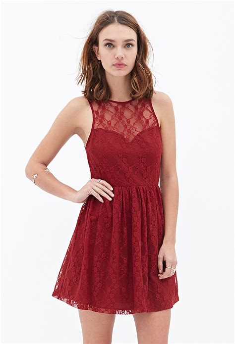 Forever 21 Floral Lace Skater Dress In Red Lyst