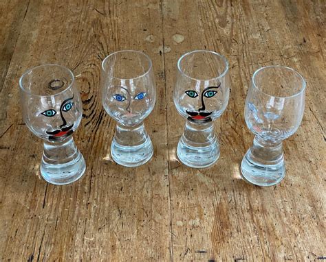 Vintage Unique Barware Drinking Glasses With Painted Faces Etsy