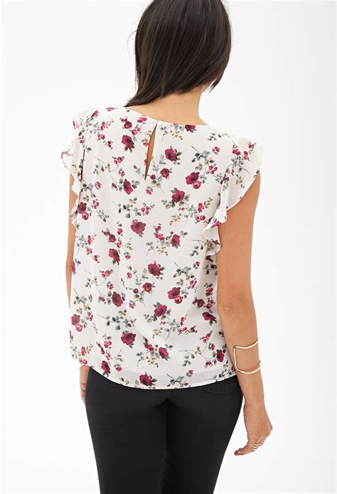 Forever 21 Ruffled Floral Chiffon Blouse Lyst