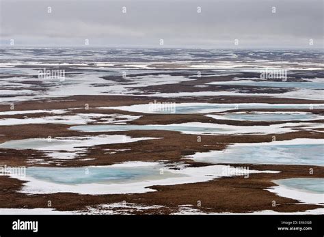Aerial View Of Partially Frozen Tundra Taimyr Peninsula Siberia Stock