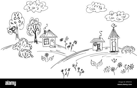 Sketch Of Countryside House Surrounded By Trees Hand Drawn Vector