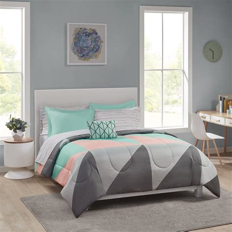 Mainstays Grey And Teal 8 Pc Bed In A Bag Bedding Set With Sheet Set