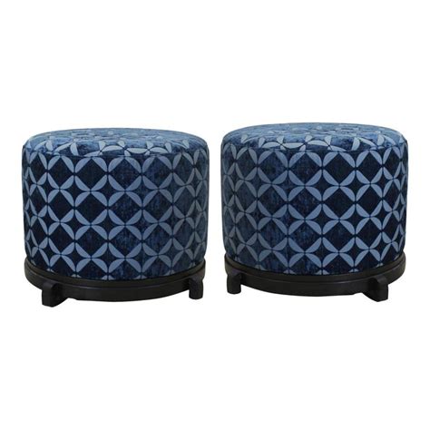 Vintage Blue Upholstered Round Ottomans A Pair Image 1 Of 5