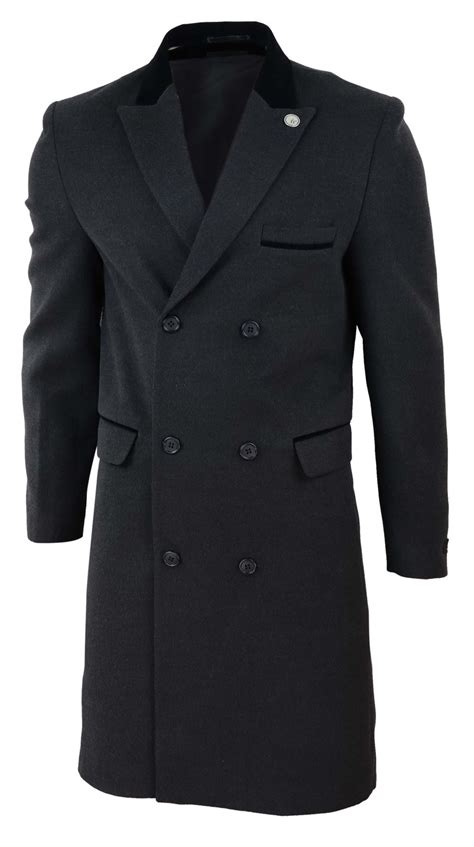 Mens 34 Long Double Breasted Crombie Overcoat Jacket Wool Coat Peaky