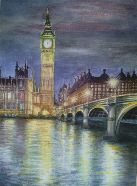 Watercolor Landscape Painting London Evening Painting Night