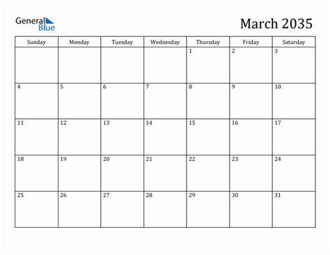 March 2035 Calendars Pdf Word Excel