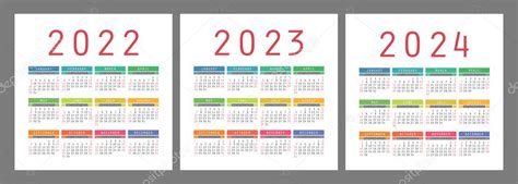 Calendario 2022 2023 Y 2024 Años Inglés Vector Colorido Conjunto Plantilla De Pared Cuadrada