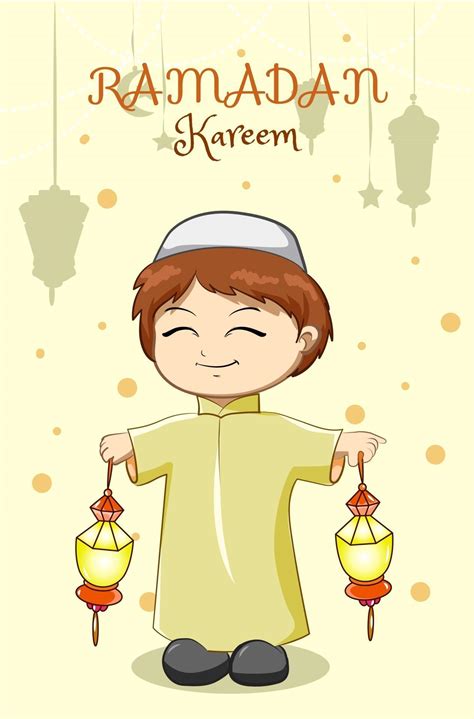 Little Muslim Boy Celebrating Ramadan Kareem With Lantern Cartoon