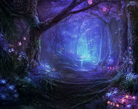 Magical Forest Forest Flowers Magical Bonito Blue Hd Wallpaper