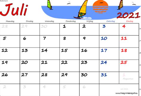 Kalender Juli 2021 Nederland Gratis Printbare Pdf