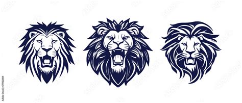 Lion Head Face Logo Set Silhouette Black Icon Tattoo Mascot Hand Drawn