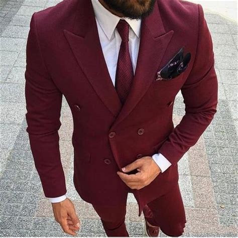 Burgundy Wine Red Suits Men Double Breasted Groom Tuxedo Wedding Men