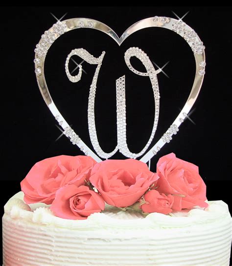 Swarovski Initial And Silver Heart Cake Topper Set Elegant Bridal Hair
