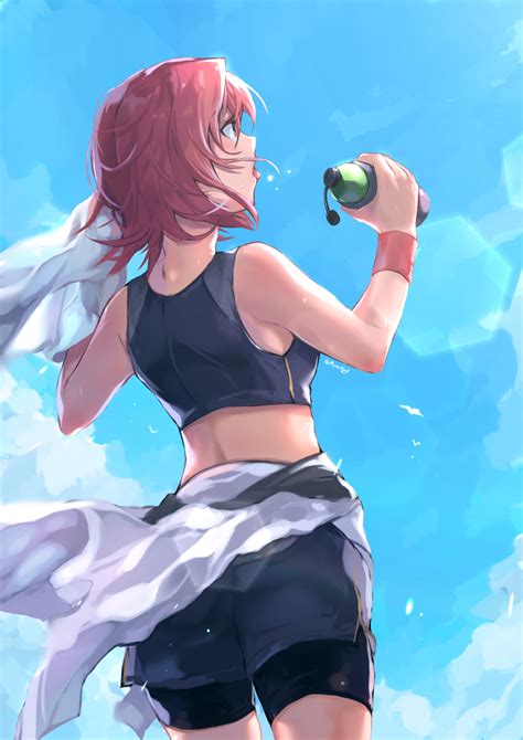 safebooru 1girl bike shorts black shorts blue sky bottle crop top day from behind grey shorts