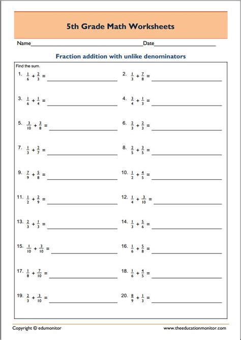 Addition complement of 10 other contents: Free Printable Worksheets for 5th Grade