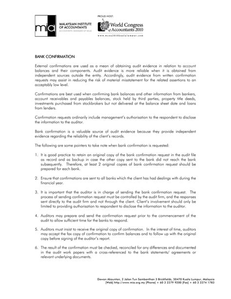 Present your original documents to our aia agency leader or authorised aia staff at any of our customer. Bank confirmation sample - Malaysian Institute of Accountants